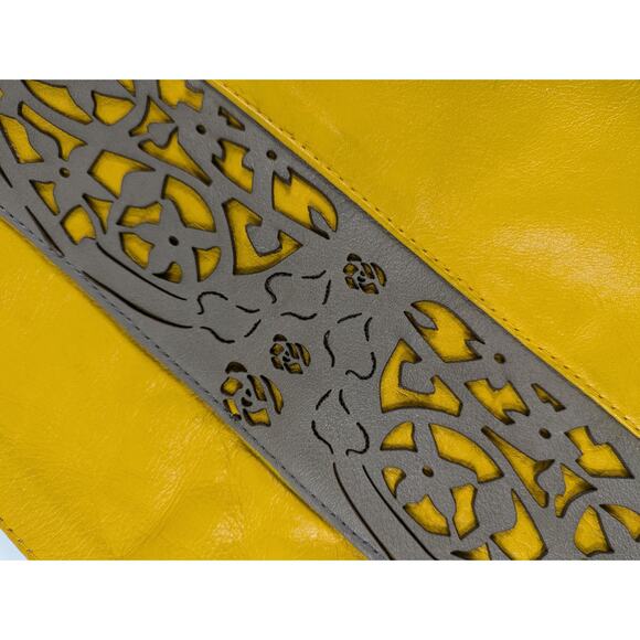 Free Endearment Yellow Purse Leather V Cut Hobo Lazer Cut Satchel Tote Bag Top - Picture 3 of 16